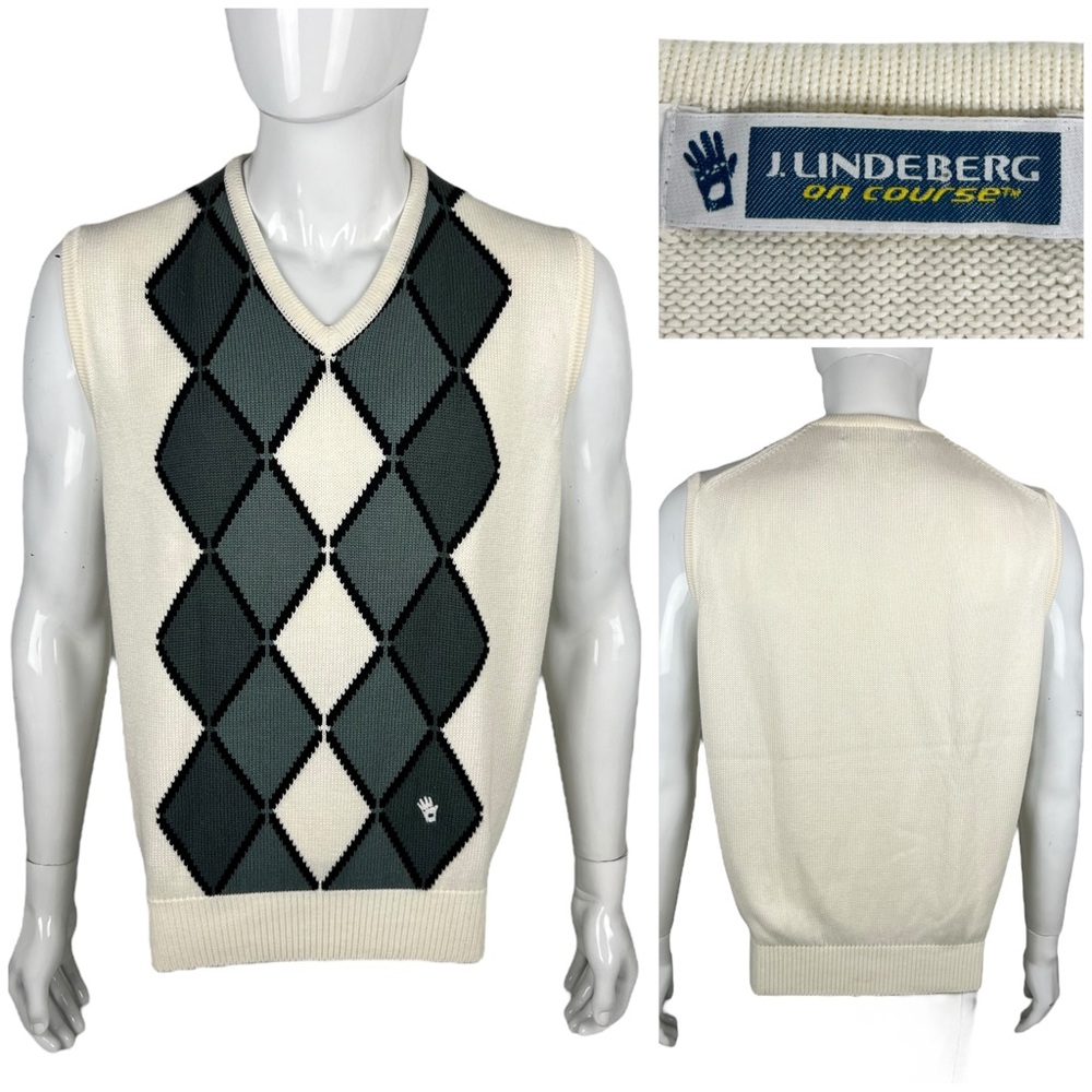 J. Lindeberg Mens XL Vest Golf Argyle Knit Sweater Ivory Modal Cotton Casual